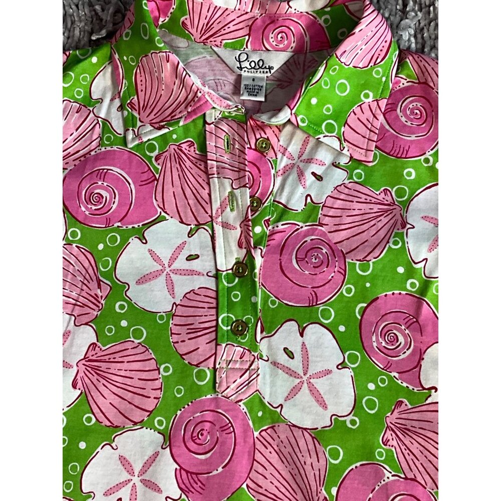 Lilly Pulitzer Women's Small Sea Shell Polo Style‎ Shirt Green/Pinks/White
